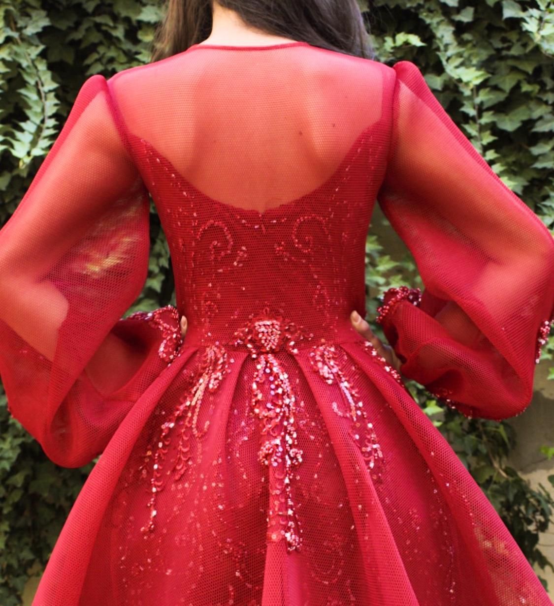 Red overskirt dress with long sleeves and embroidery
