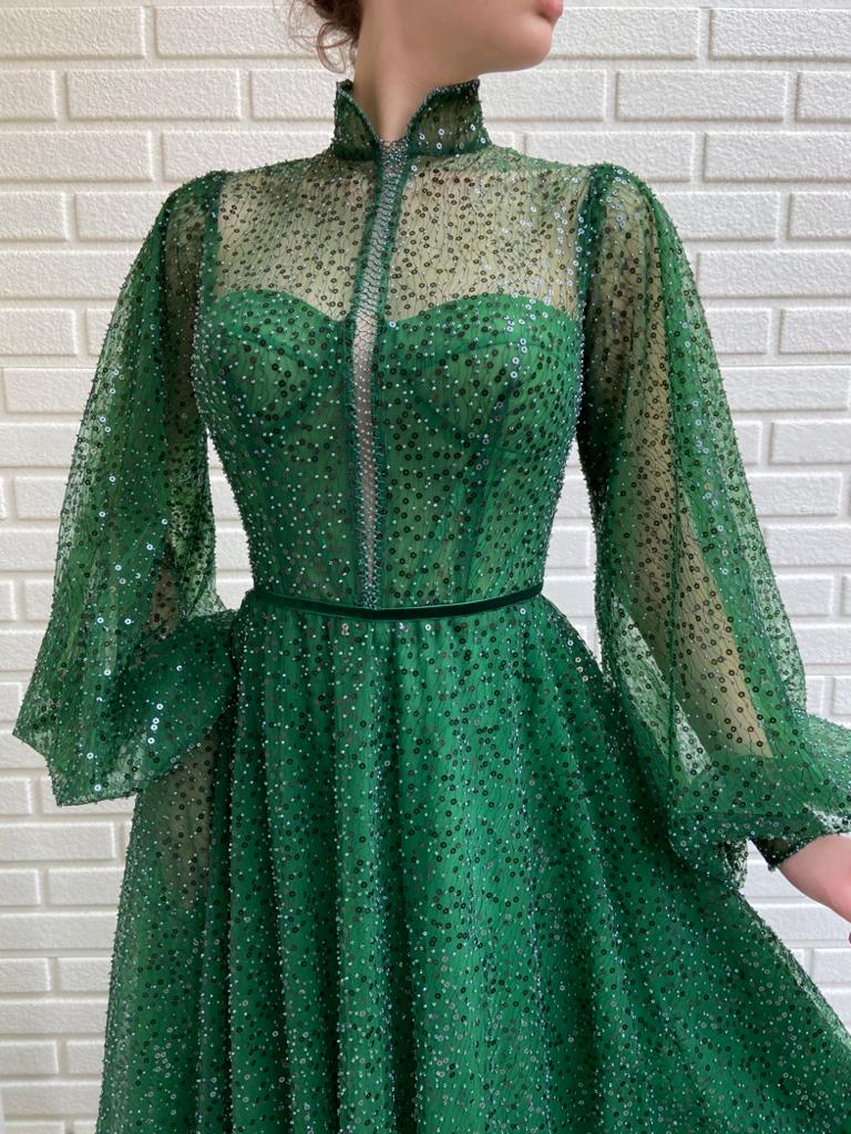 Green A-Line dress with sequins and long sleeves