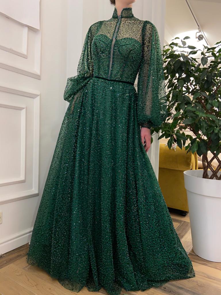 Green A-Line dress with sequins and long sleeves