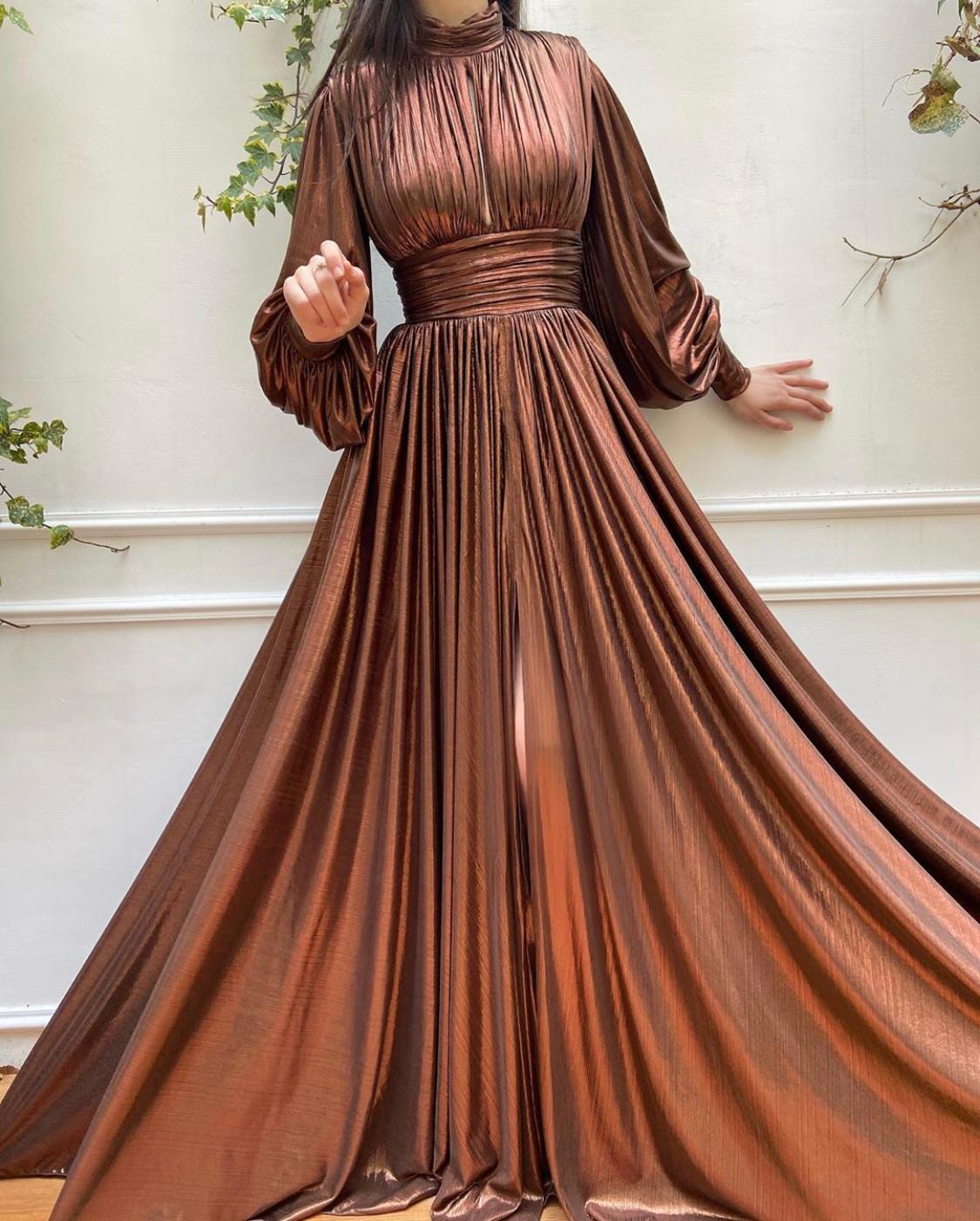 Brown A-Line dress with long sleeves