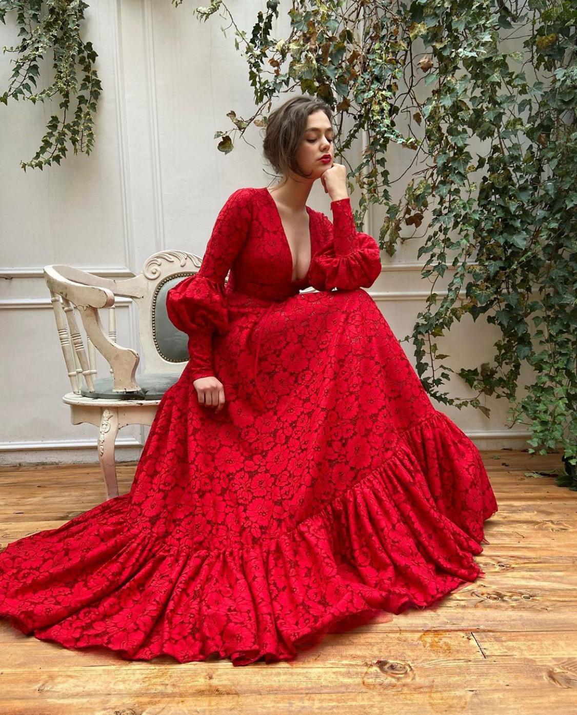 Red A-Line dress with v-neck and long sleeves