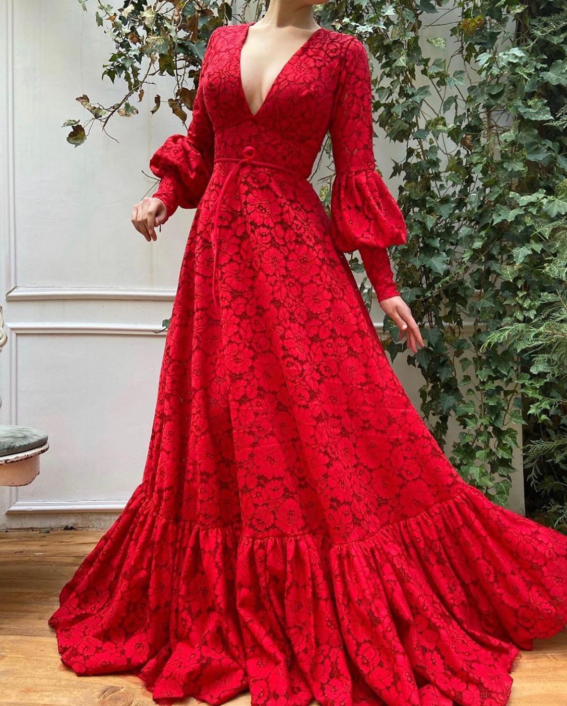 Red A-Line dress with v-neck and long sleeves