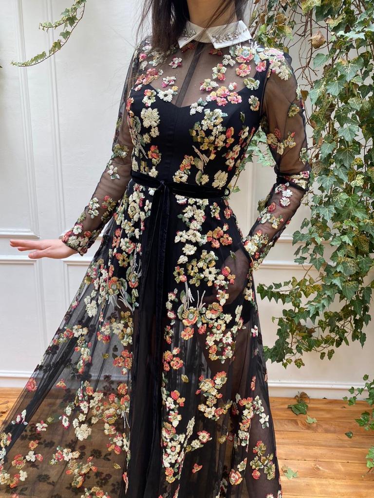 Black A-Line dress with long sleeves and embroidery