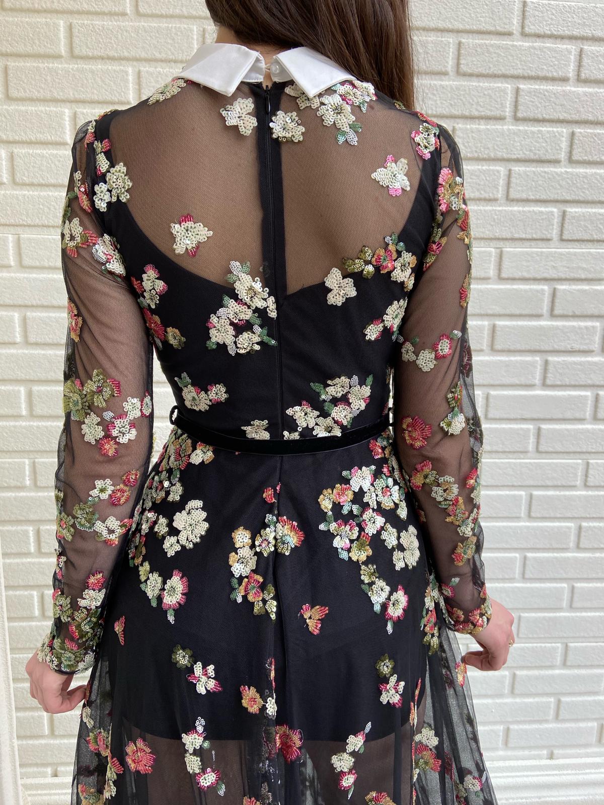 Black A-Line dress with long sleeves and embroidery