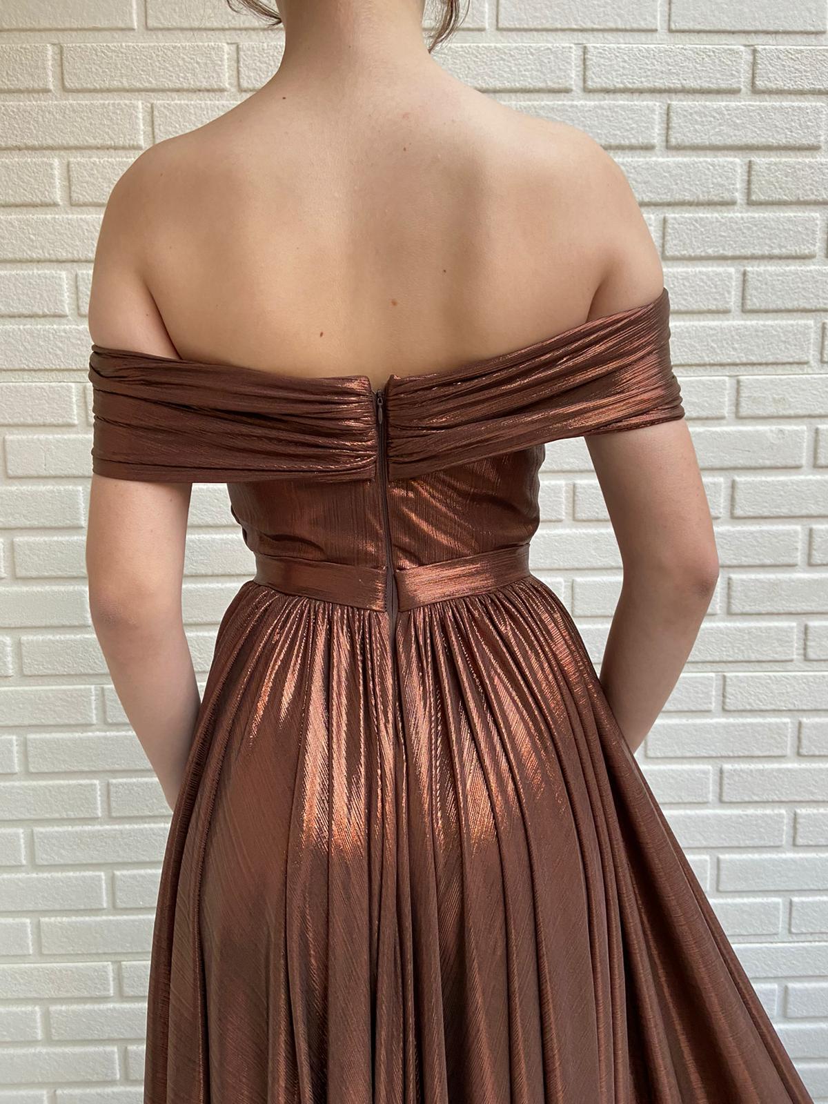 Brown A-Line dress with off the shoulder sleeves