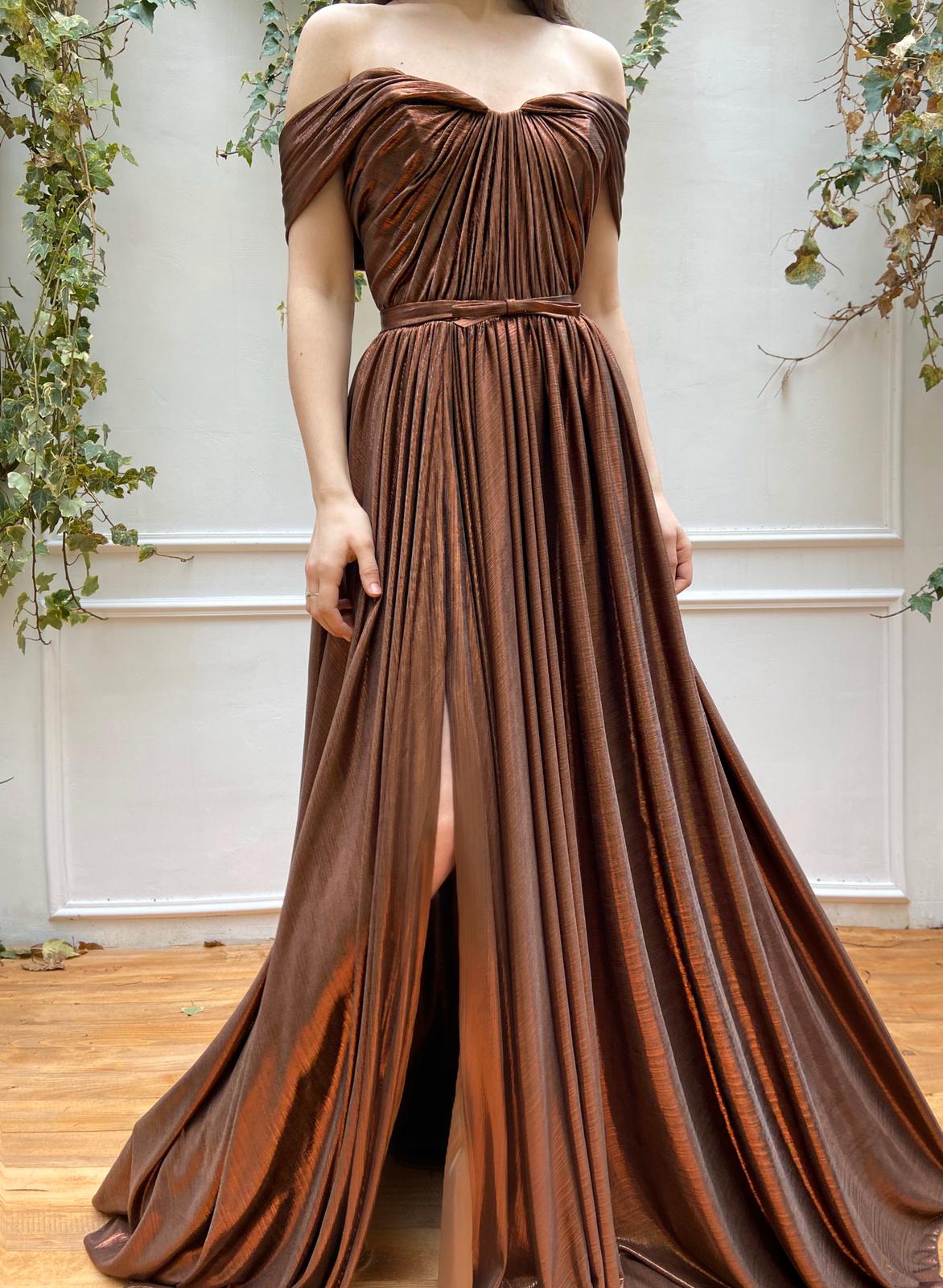 Brown A-Line dress with off the shoulder sleeves