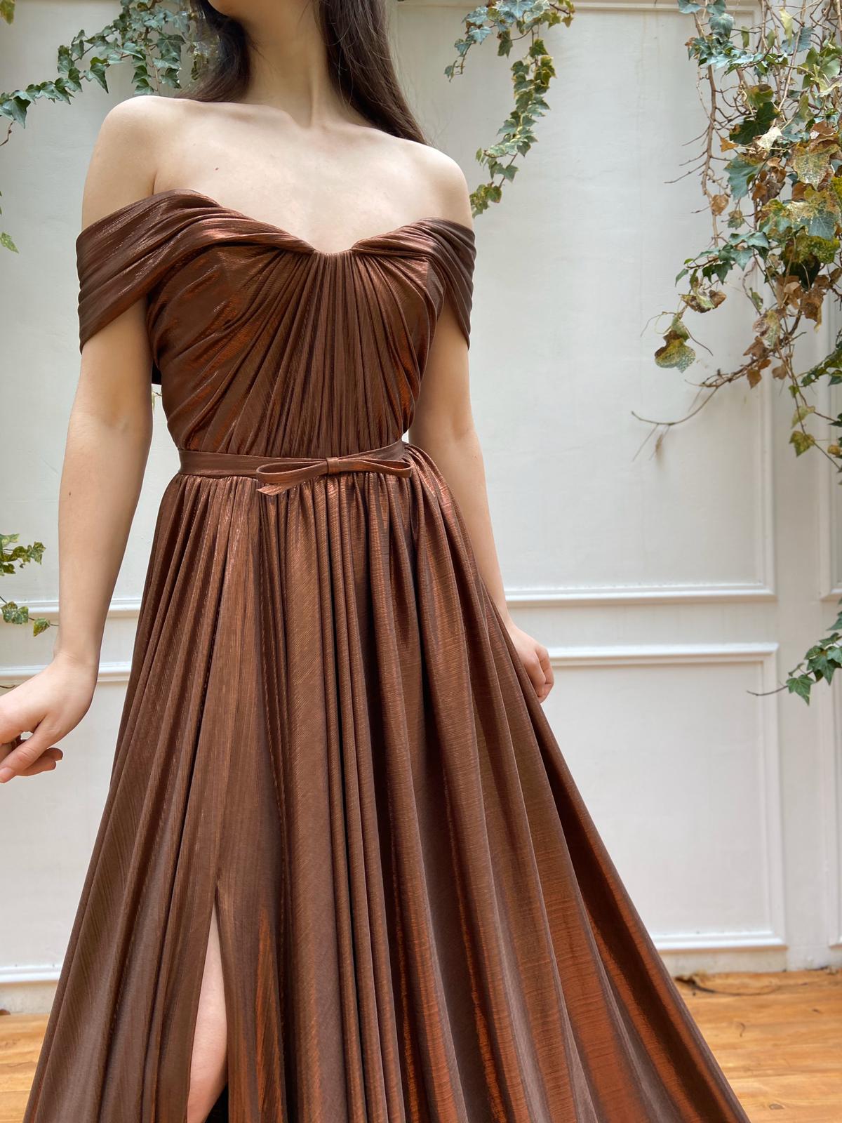Brown A-Line dress with off the shoulder sleeves