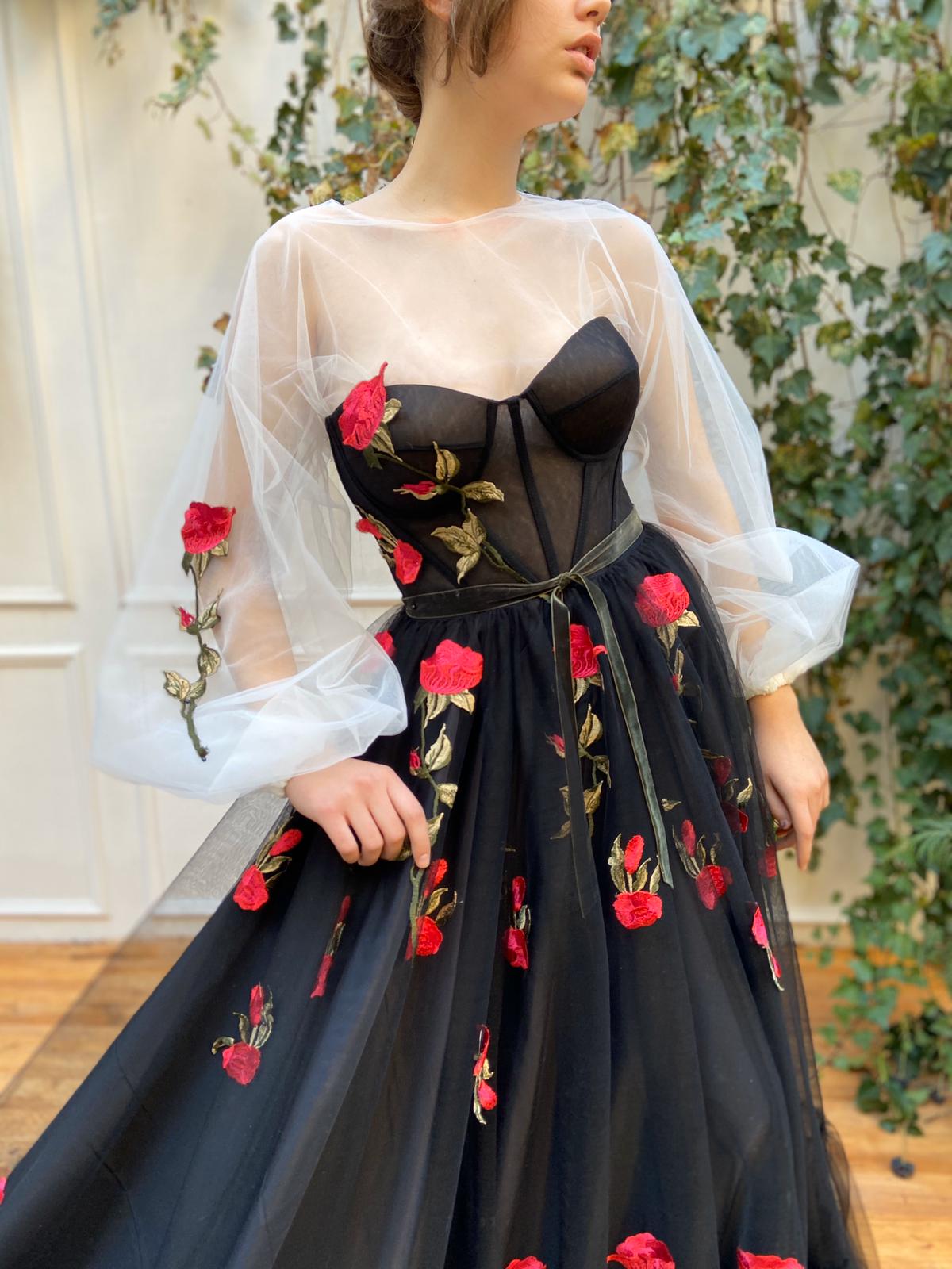 Black A-Line dress with long sleeves and embroidery