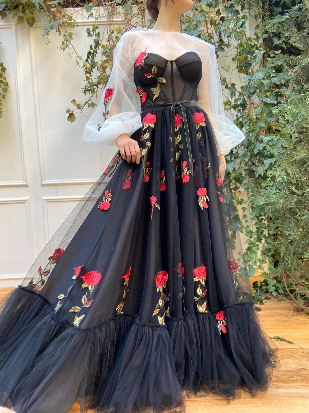 Black A-Line dress with long sleeves and embroidery