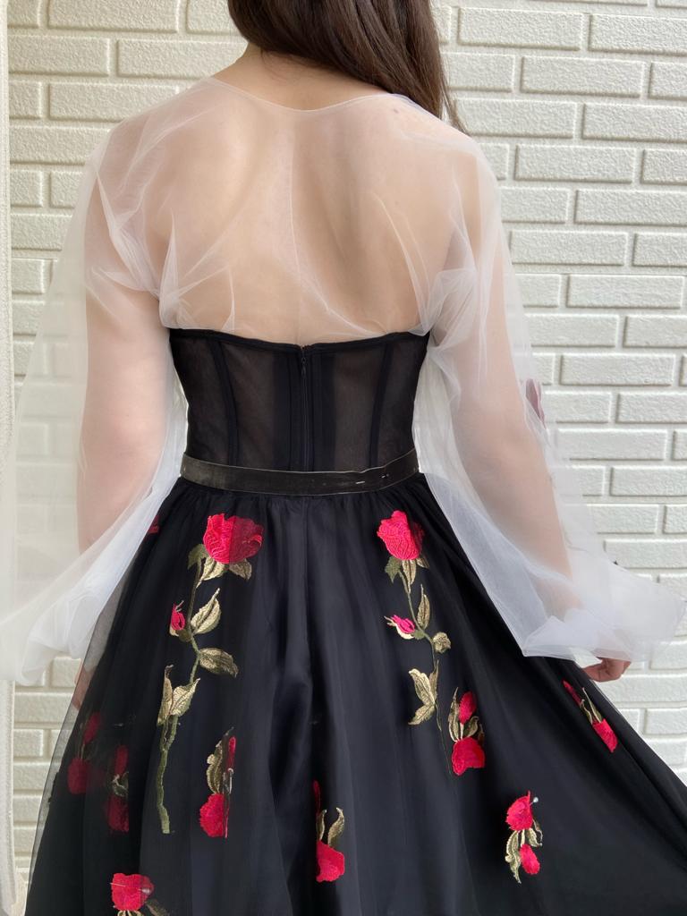 Black A-Line dress with long sleeves and embroidery