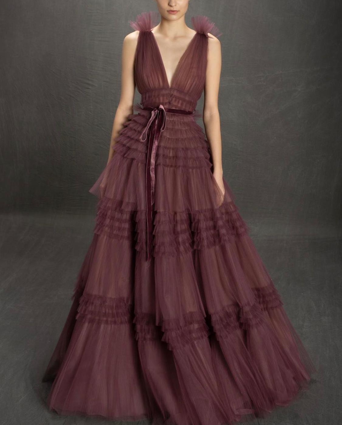 Purple A-Line dress with v-neck, no sleeves and ruffles