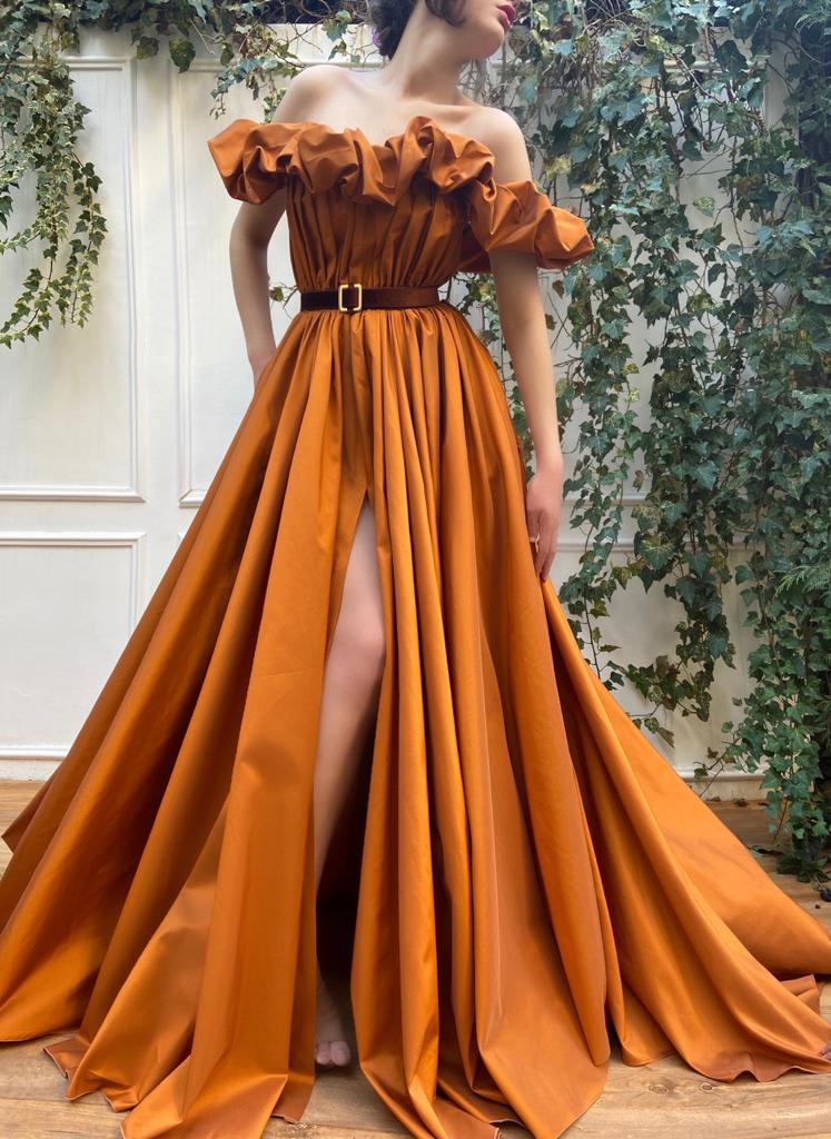 Orange A-Line dress with off the shoulder sleeves and belt