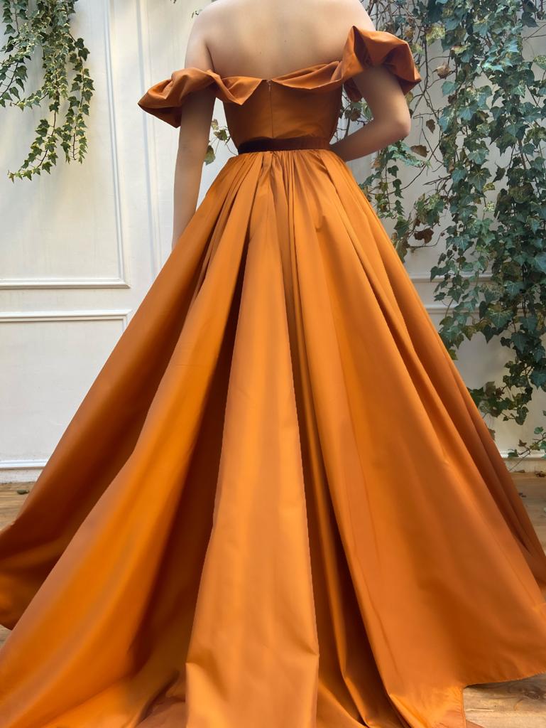 Orange A-Line dress with off the shoulder sleeves and belt