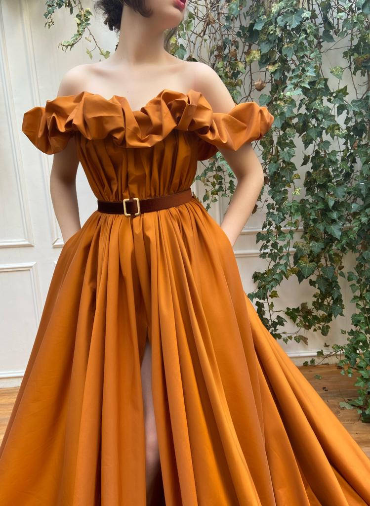 Orange A-Line dress with off the shoulder sleeves and belt