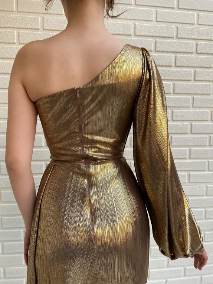 Gold mermaid dress with one long sleeve
