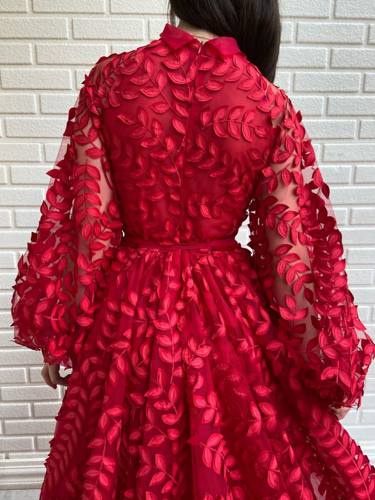 Red A-Line dress with long sleeves and lace