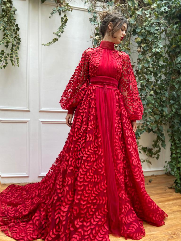Red A-Line dress with long sleeves and lace