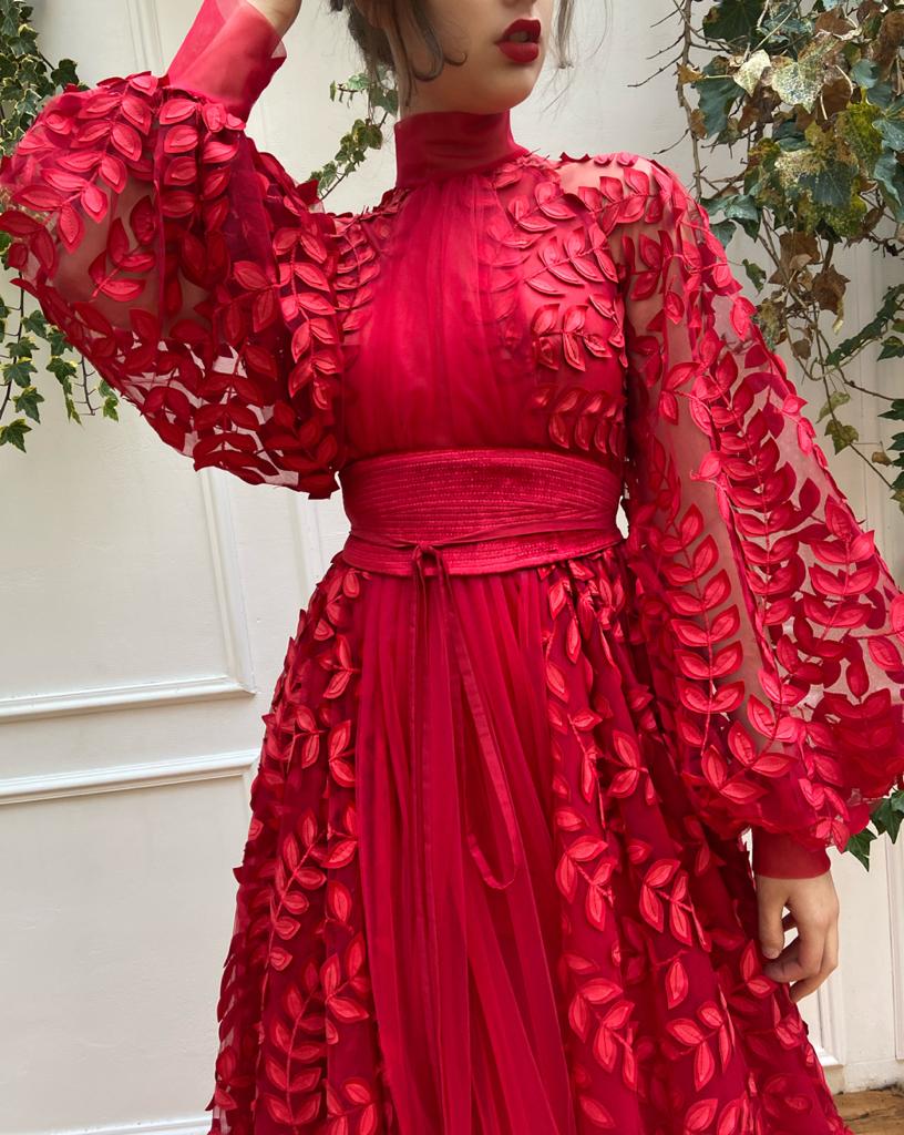 Red A-Line dress with long sleeves and lace