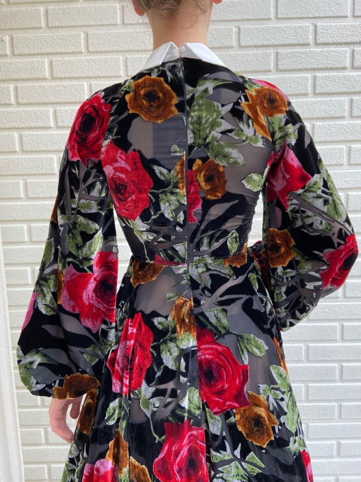 Black A-Line dress with printed flowers and long sleeves