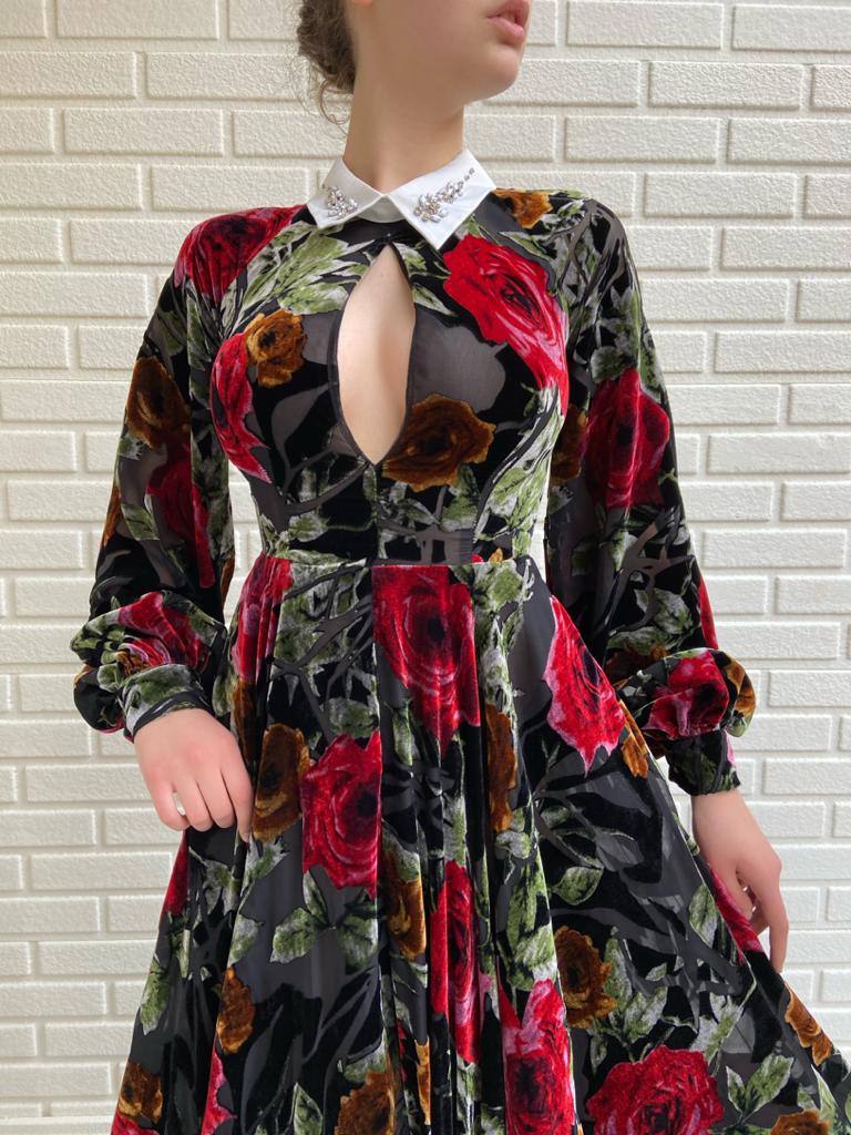 Black A-Line dress with printed flowers and long sleeves