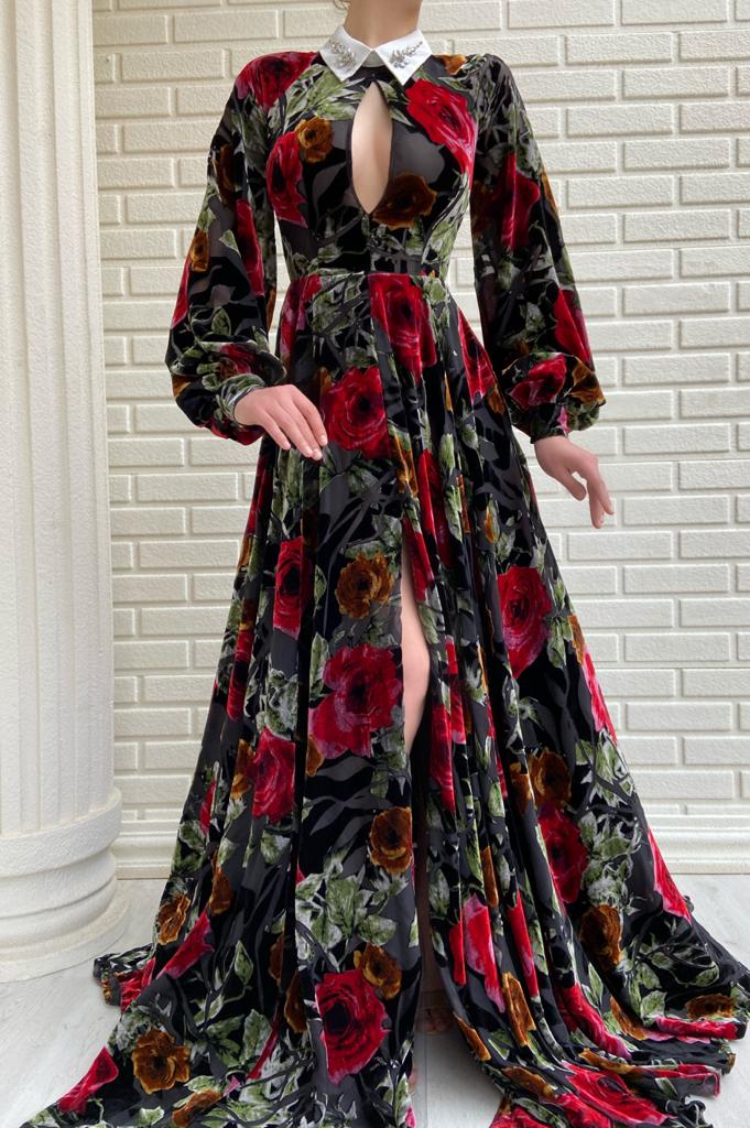 Black A-Line dress with printed flowers and long sleeves