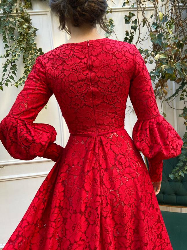 Red A-Line dress with v-neck and long sleeves