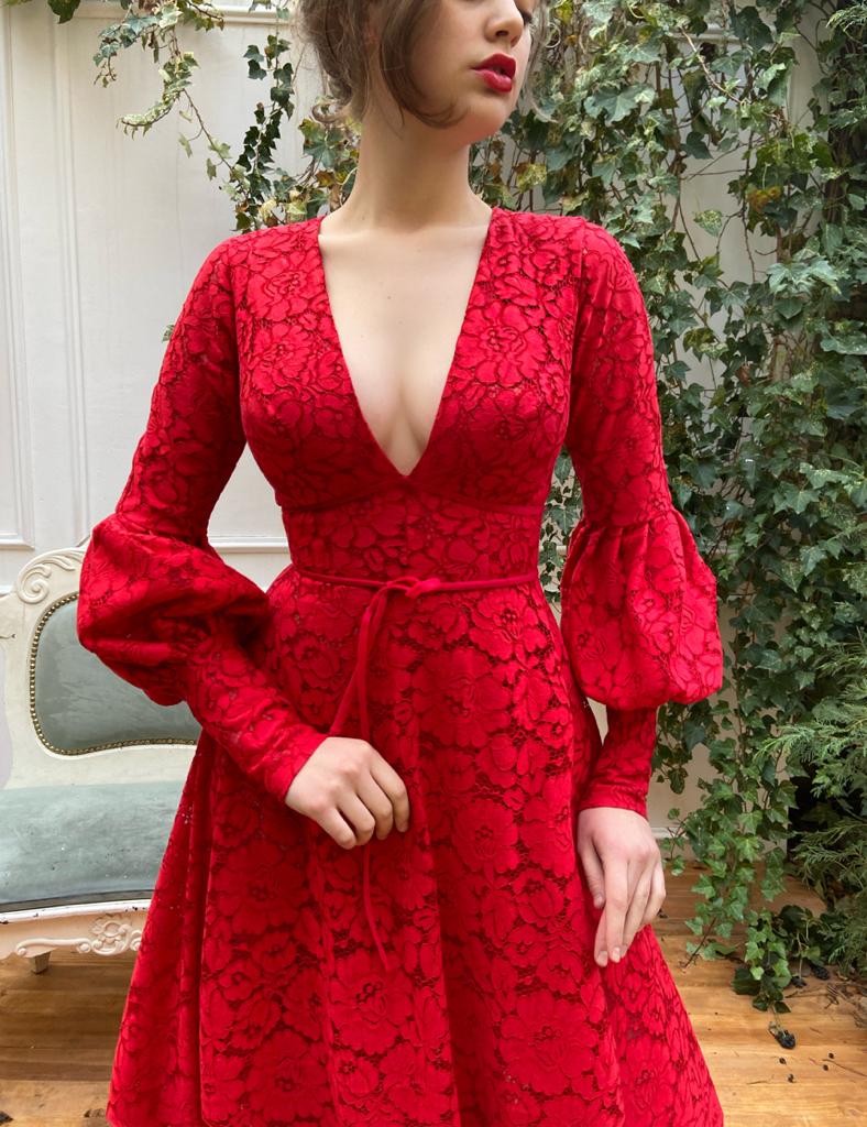 Red A-Line dress with v-neck and long sleeves