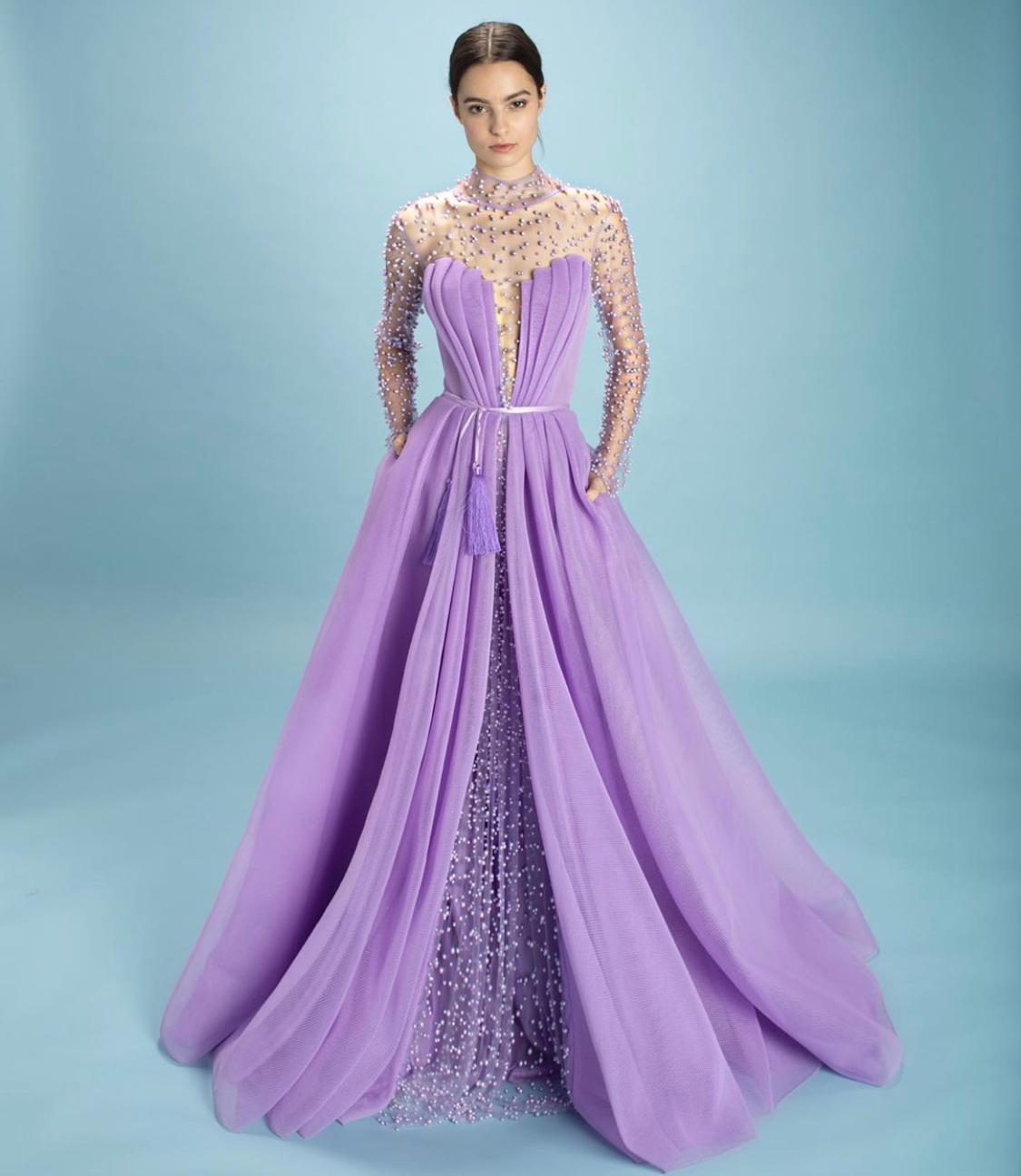 Purple A-Line dress with long sleeves