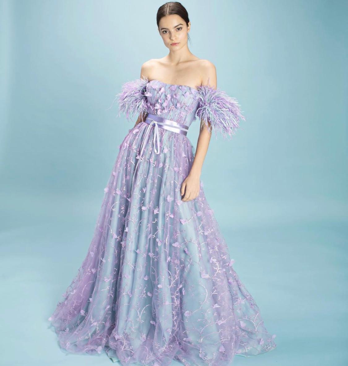 Purple A-Line dress with lace, feathers and off the shoulder sleeves