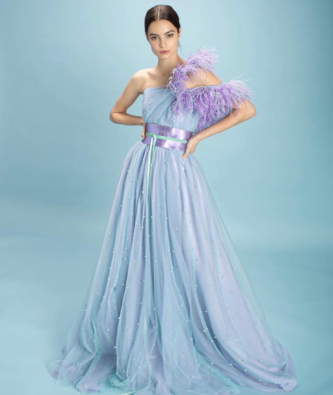 Purple A-Line dress with feathers and one shoulder sleeve