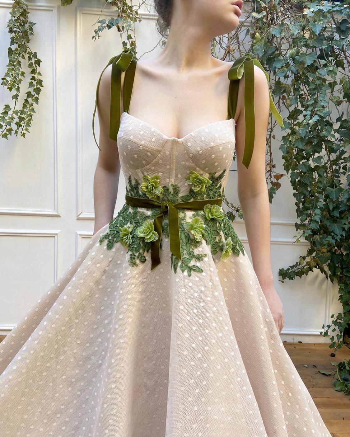 Beige A-Line dotted dress with embroidery and straps