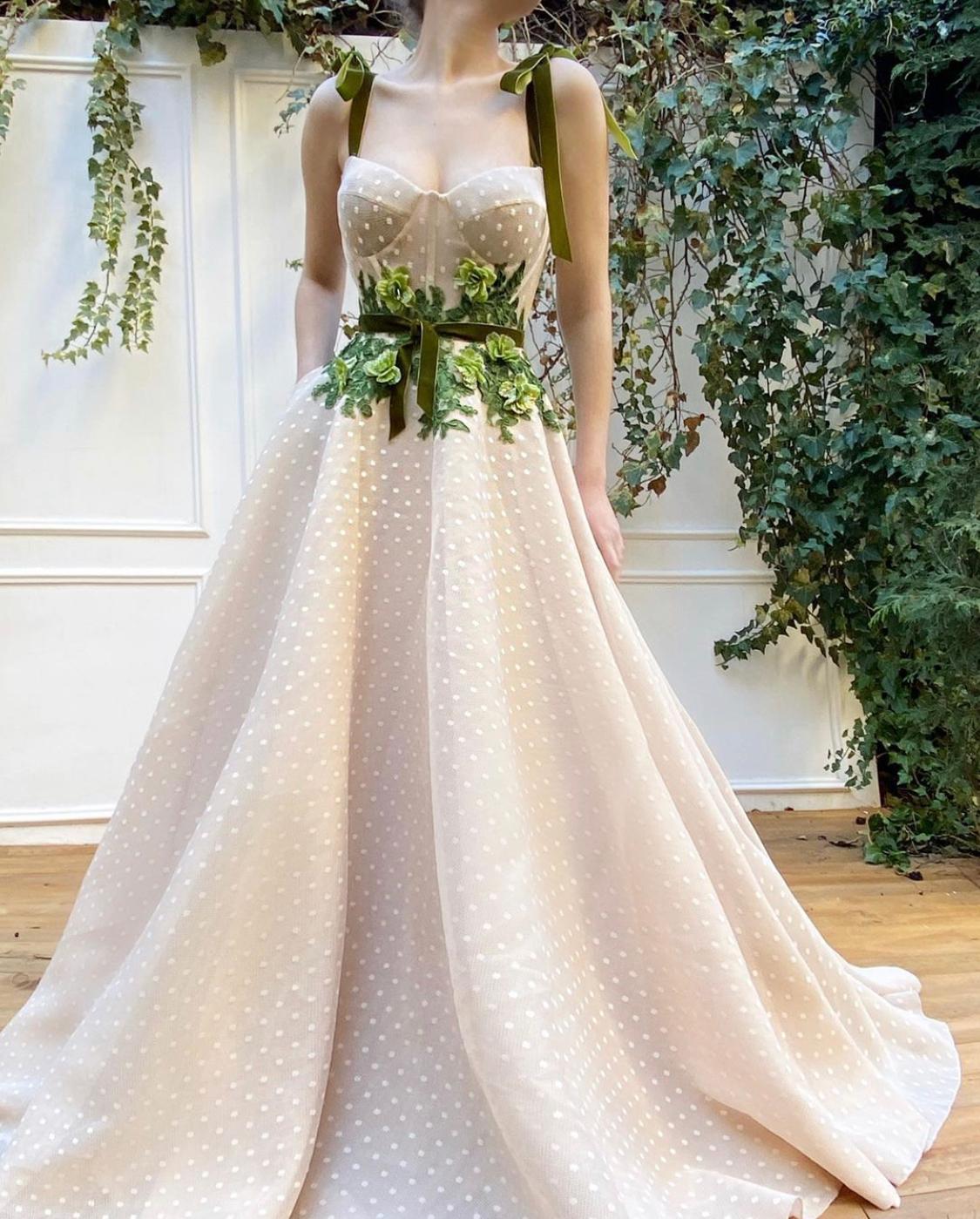 Beige A-Line dotted dress with embroidery and straps