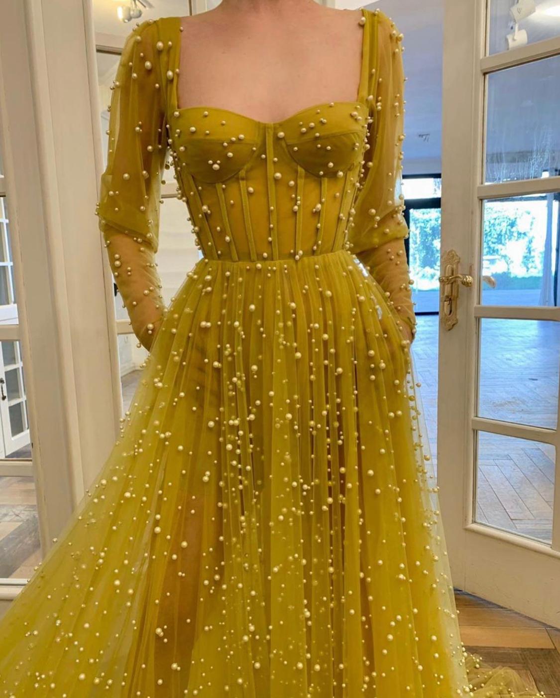 Yellow A-Line dress with long sleeves and beading