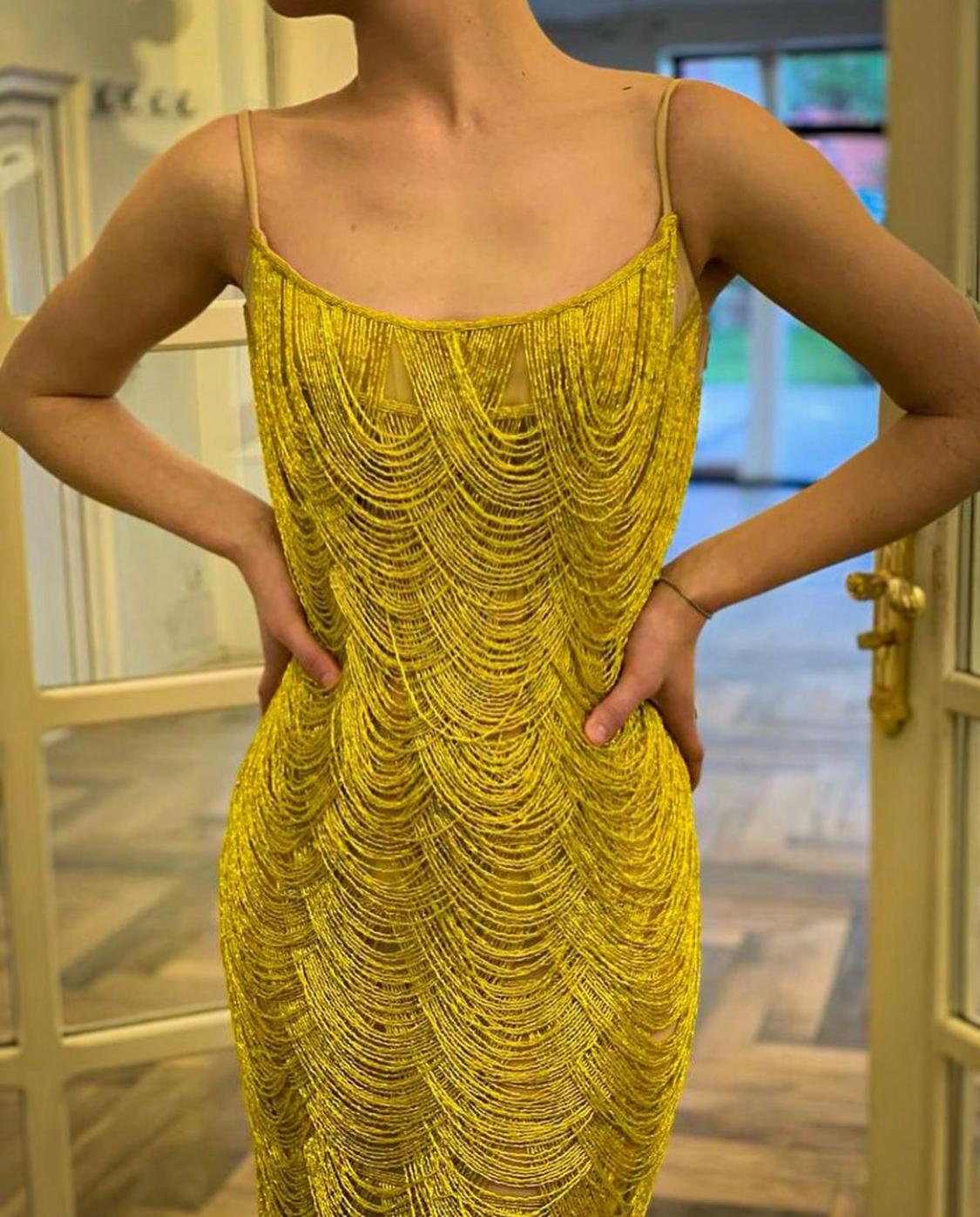 Yellow mermaid dress with spaghetti straps
