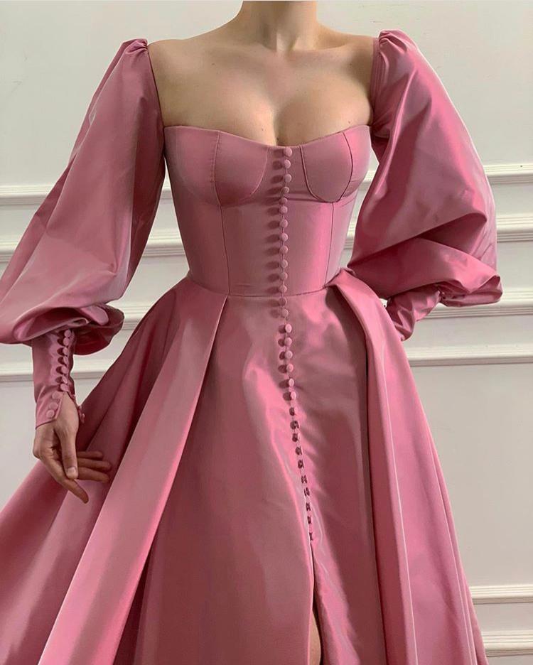 Pink A-Line dress with long off the shoulder sleeves
