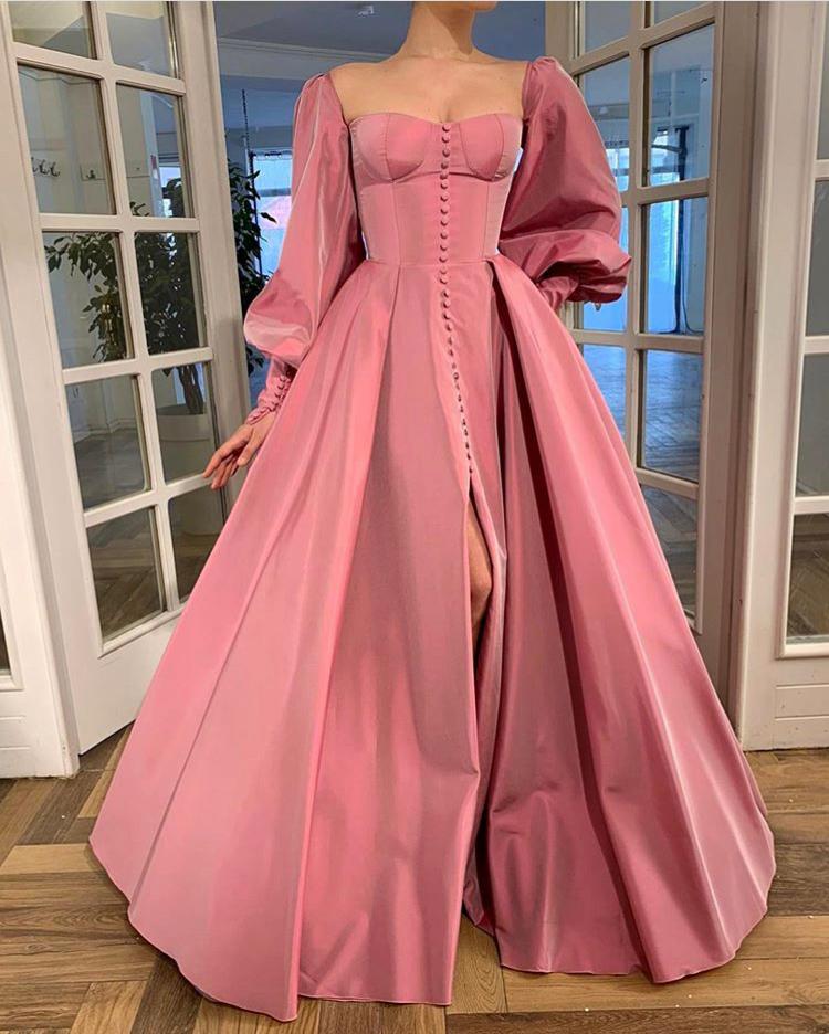 Pink A-Line dress with long off the shoulder sleeves