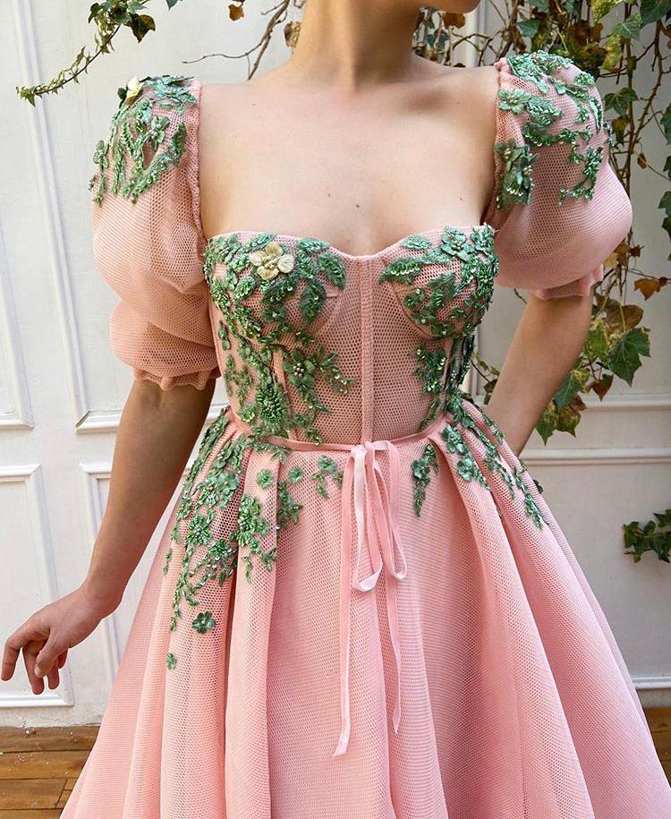 Pink A-Line dress with short sleeves and embroidery