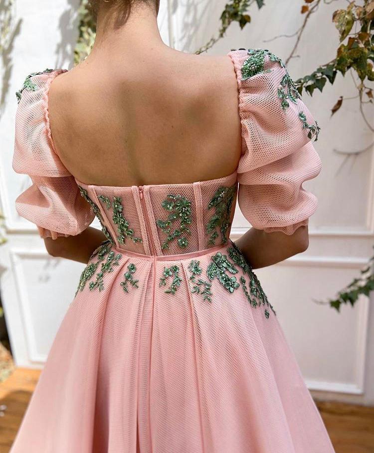 Pink A-Line dress with short sleeves and embroidery