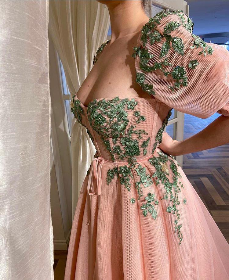 Pink A-Line dress with short sleeves and embroidery