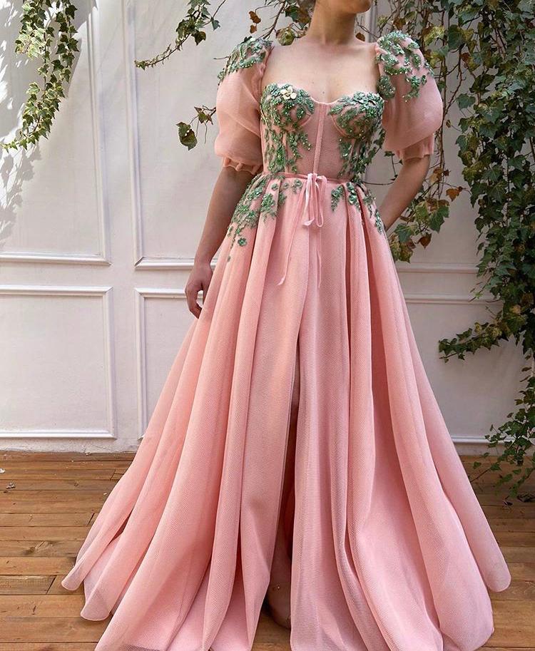 Pink A-Line dress with short sleeves and embroidery