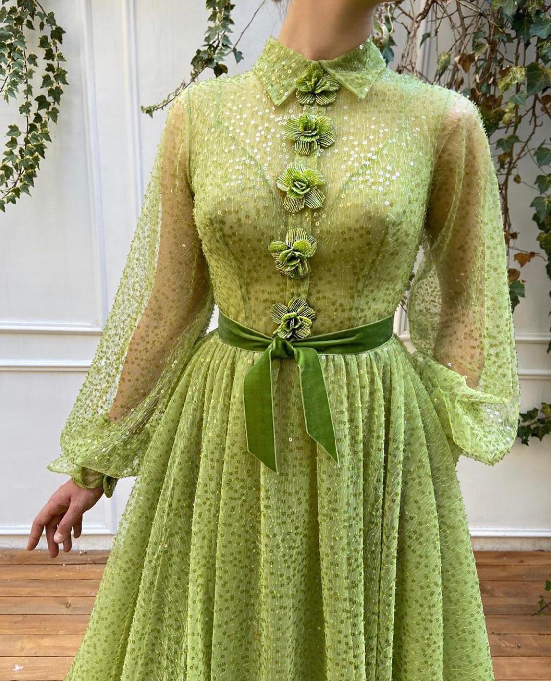 Green A-Line dress with sequins, embroidery and long sleeves