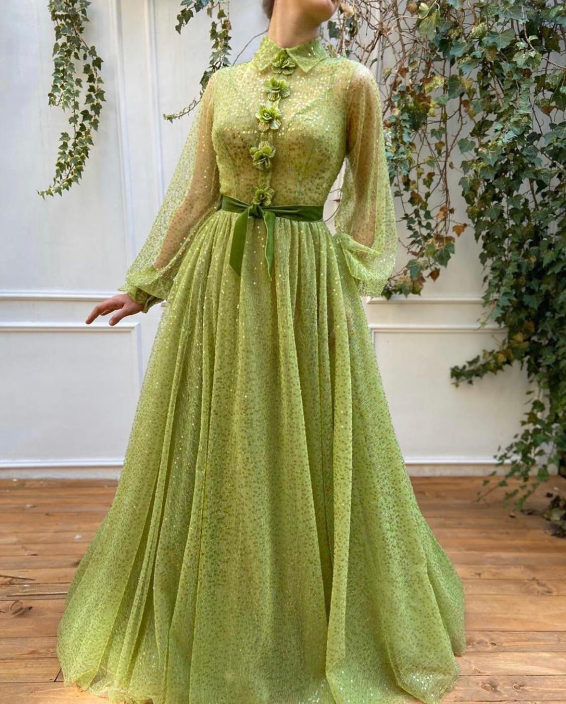 Green A-Line dress with sequins, embroidery and long sleeves