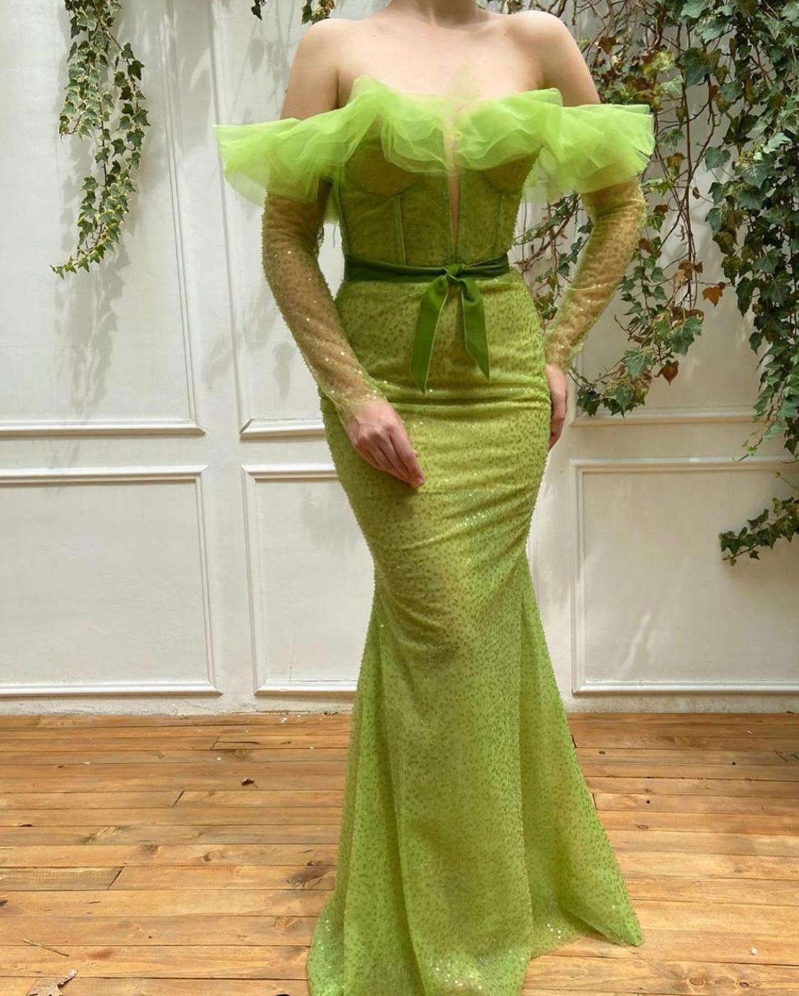 Green mermaid dress with long off the shoulder sleeves