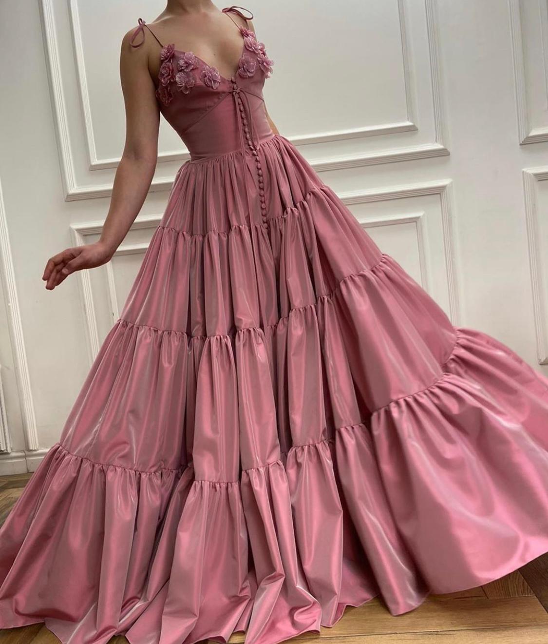 Pink A-Line dress with spaghetti straps and embroidery