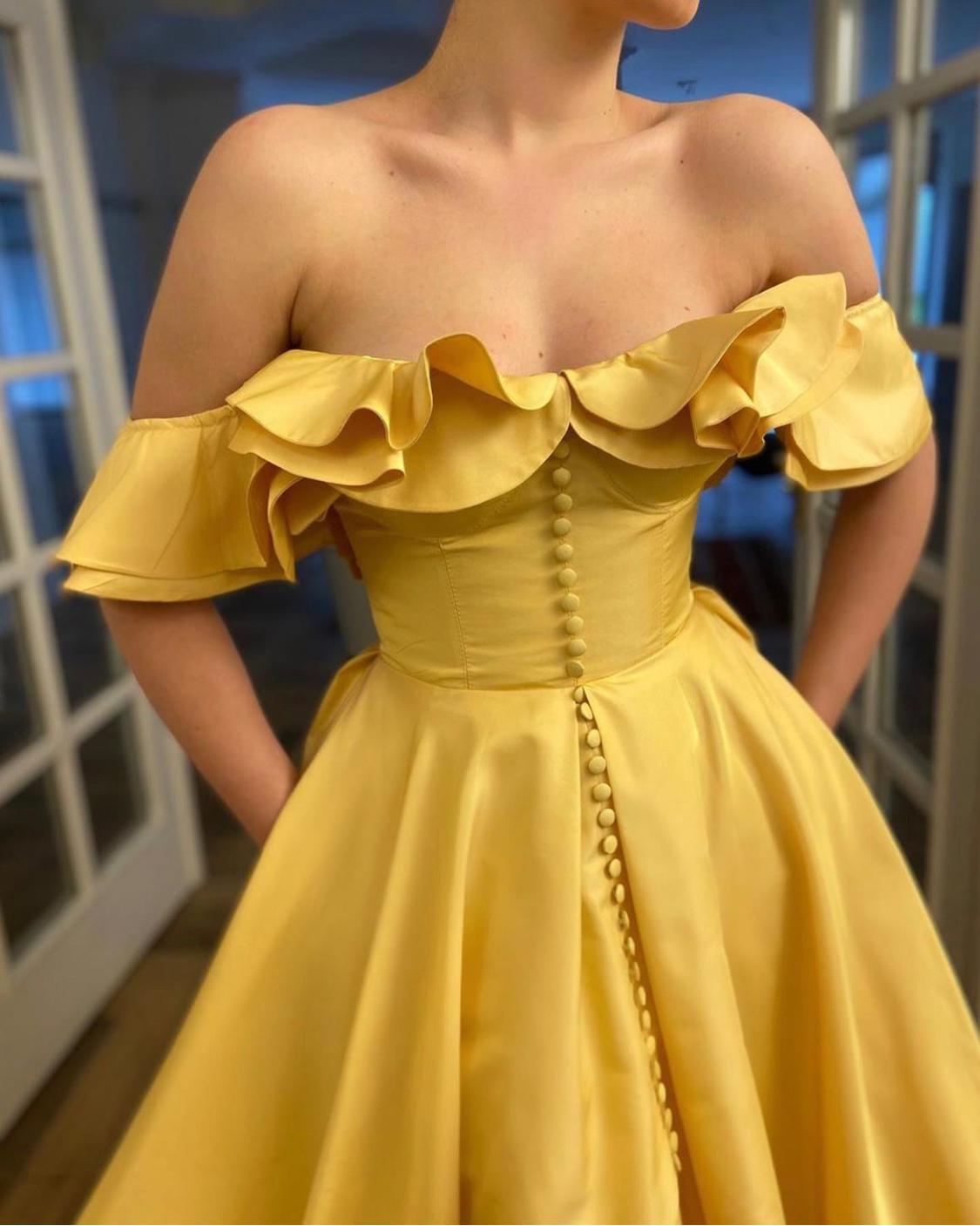 Yellow A-Line dress with off the shoulder sleevs