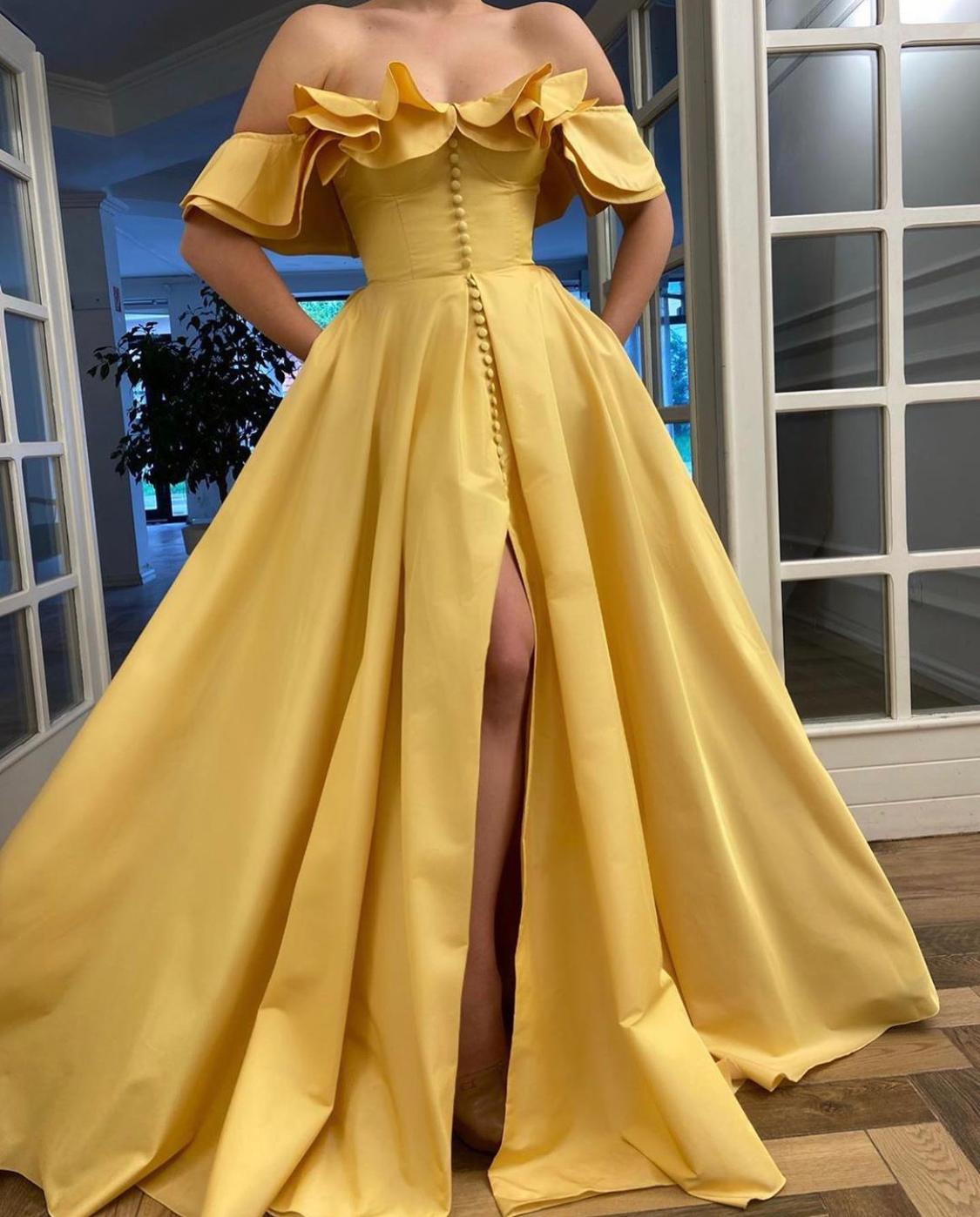 Yellow A-Line dress with off the shoulder sleevs