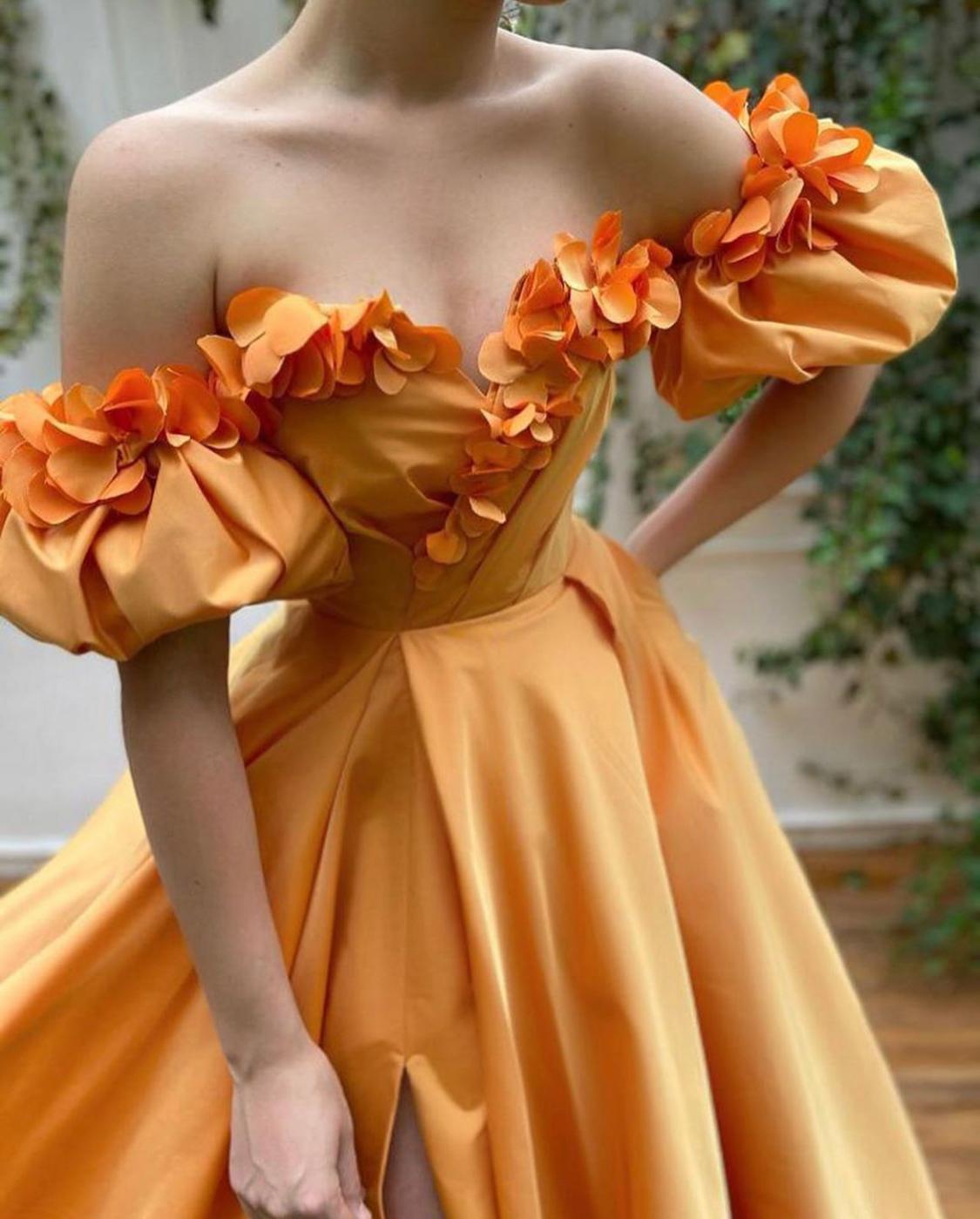 Orange A-Line dress with off the shoulder sleeves and embroidery
