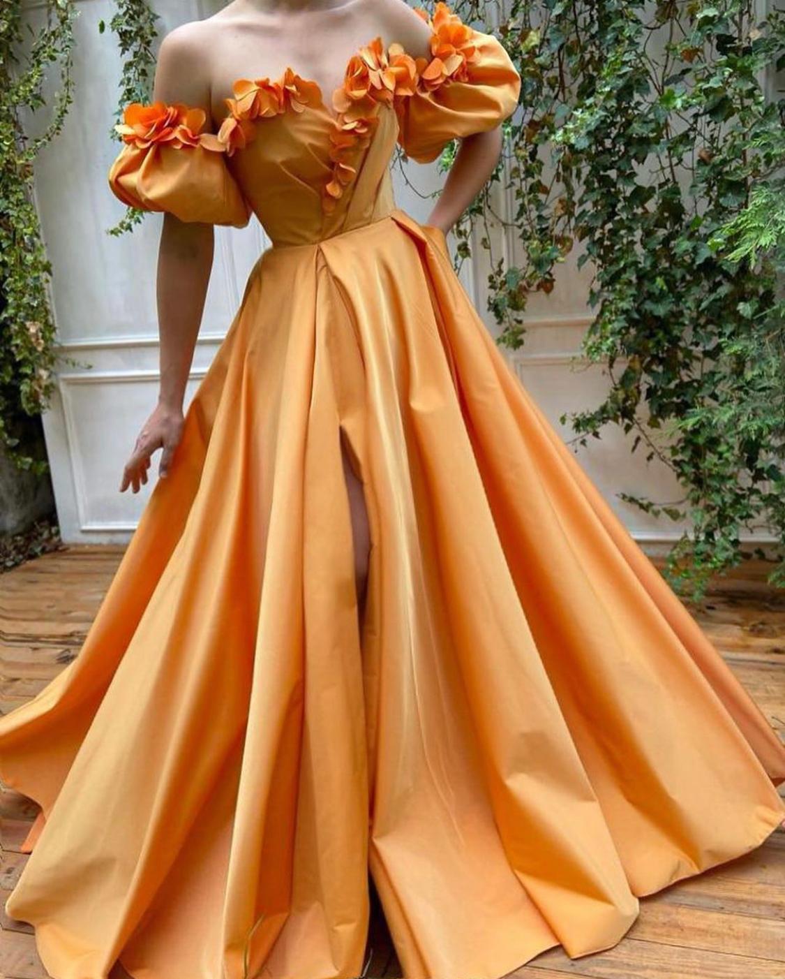 Orange A-Line dress with off the shoulder sleeves and embroidery