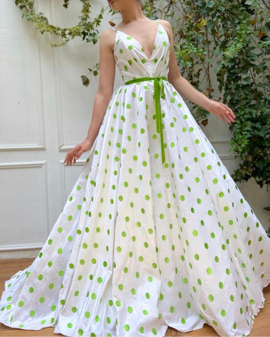 White A-Line dotted dress with straps and v-neck