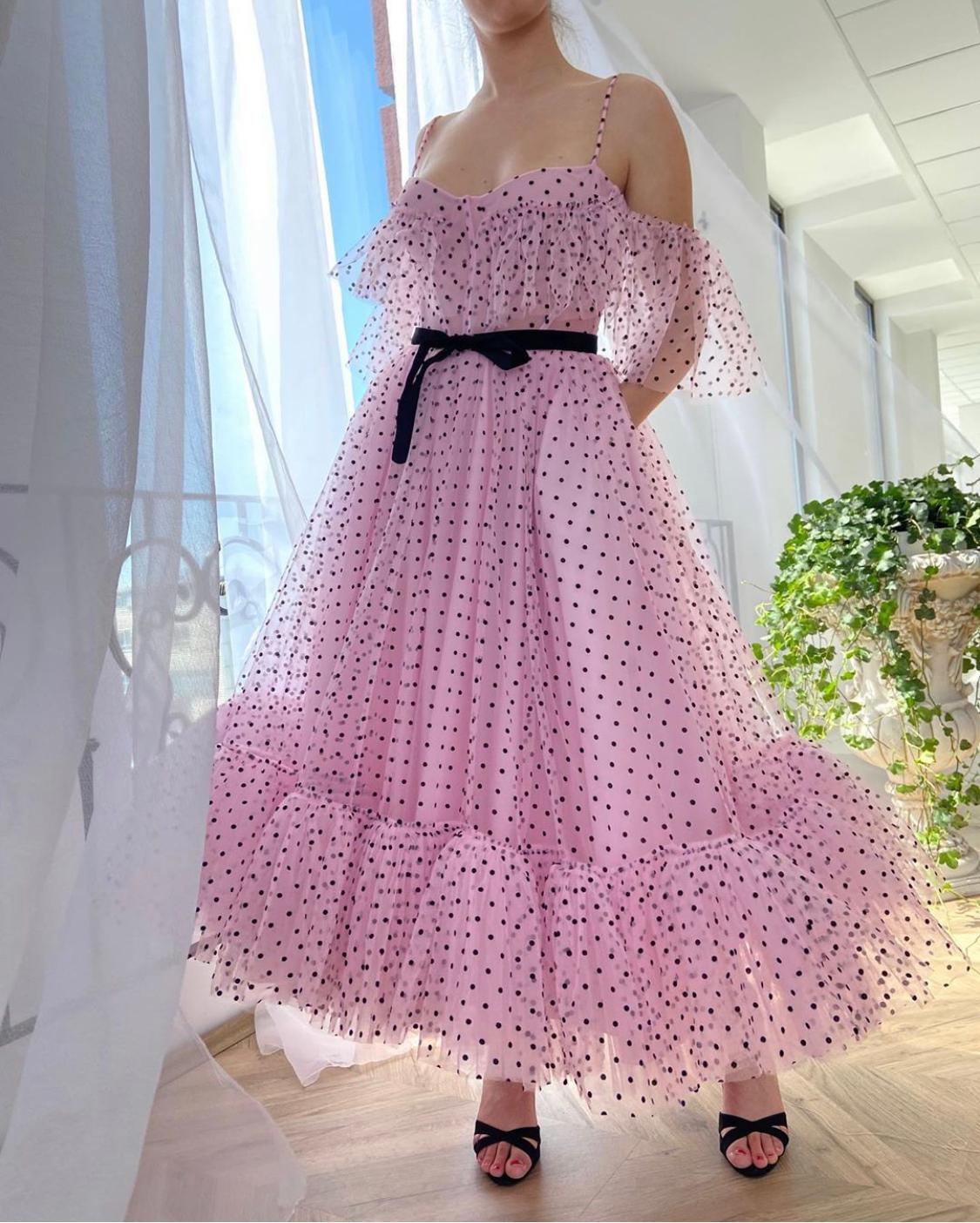 Pink midi dotted dress with spaghetti straps and off the shoulder sleeves
